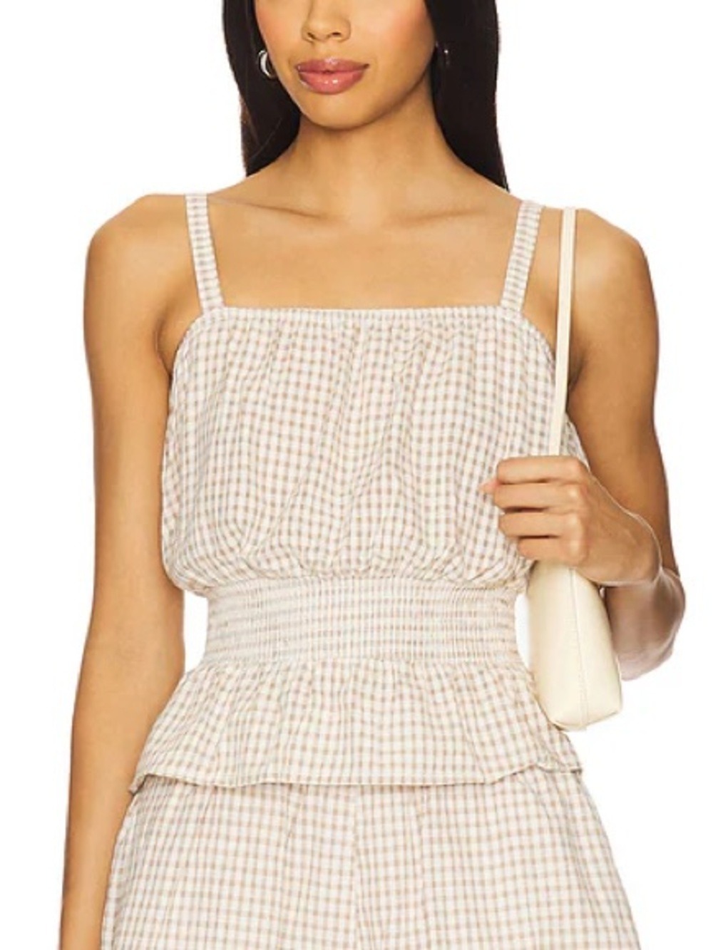Blank NYC Revolve Linen Cotton Beige Gingham Smocked Waist Tank
